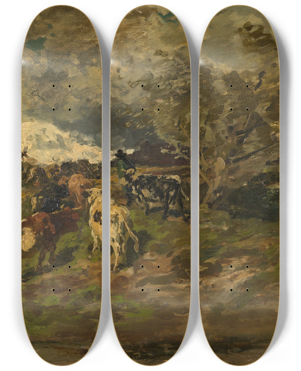 Triptych art skateboard deck of Hermann Baisch Ausziehende Herde by Hermann Baisch (1846-1894)