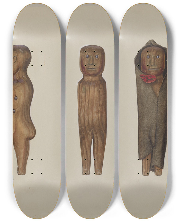 Triptych art skateboard deck of Beverly Chichester Wooden Doll by Beverly Chichester (20-)