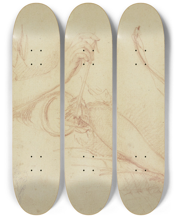Triptych art skateboard deck of Jeanmarc Nattier Armstudie Mit Pfeil Und Bogen by Jean Marc Nattier (1685-1766)