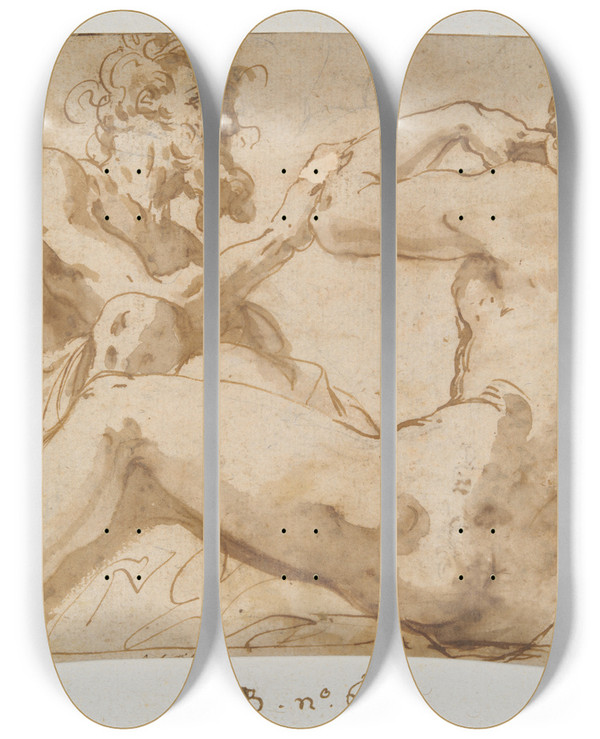 Triptych art skateboard deck of Prospero Fontana Studies For Recumbent Allegoricalfigures by Prospero Fontana (1512-1597)