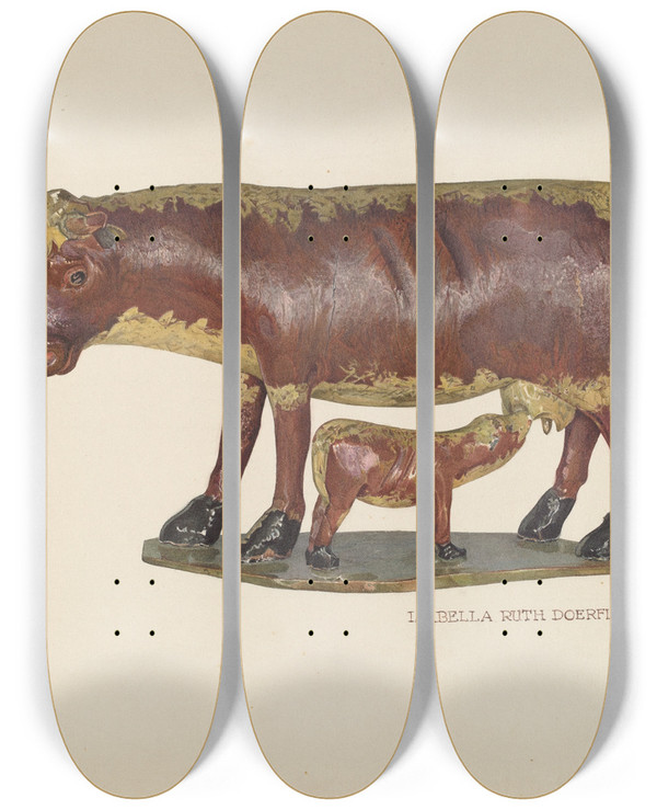 Triptych art skateboard deck of Isabella Ruth Doerfler Cow And Calf Toy by Isabella Ruth Doerfler