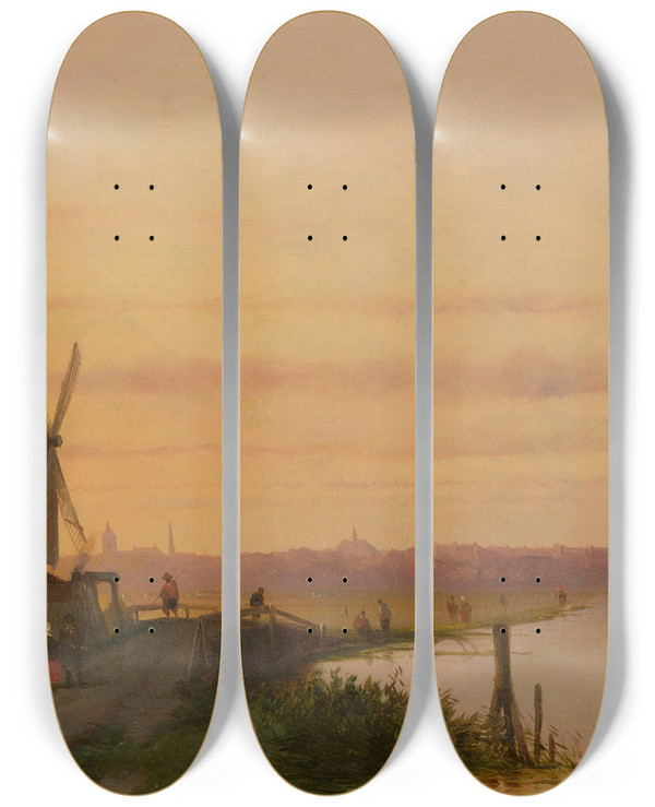Triptych art skateboard deck of Dutch School Sunset Over A Dutch Town by Dutch School