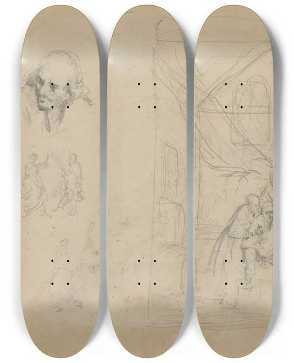 Triptych art skateboard deck of James Ensor Schets Naar Oude Meester En Figuren by James Ensor (1860-1949)