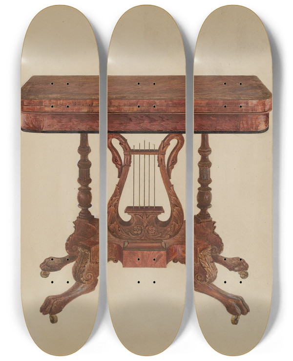 Triptych art skateboard deck of Joseph Rothenberg Table Lyre Pedestal by Joseph Rothenberg