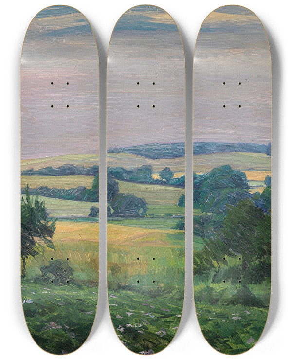 Triptych art skateboard deck of Eduard Steinbach Norddeutsche Hgellandschaft by Eduard Steinbach (1878-1939)