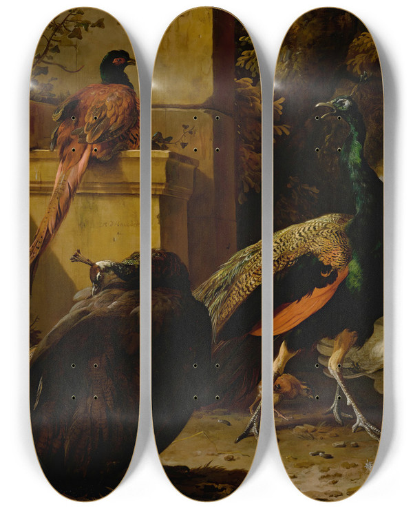 Triptych art skateboard deck of Melchior Dhondecoeter A Peacock Peahen Pheasant Turkey Cockerel And Chick By A Wall A Landscape Beyond by Melchior d'Hondecoeter (1636-1695)