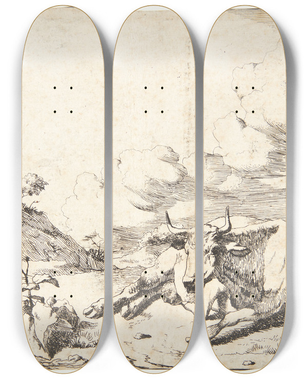 Triptych art skateboard deck of Marcus De Bye Liggende Ko_3 by Marcus de Bye (1638-1688)