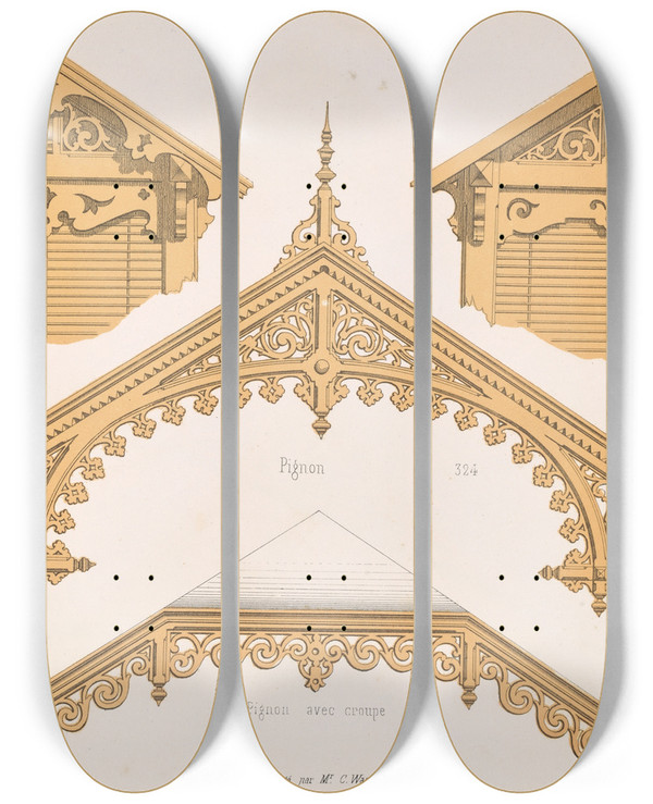 Triptych art skateboard deck of A Sanguineti La Decoration En Bois Decoupe Pl18 by A Sanguineti