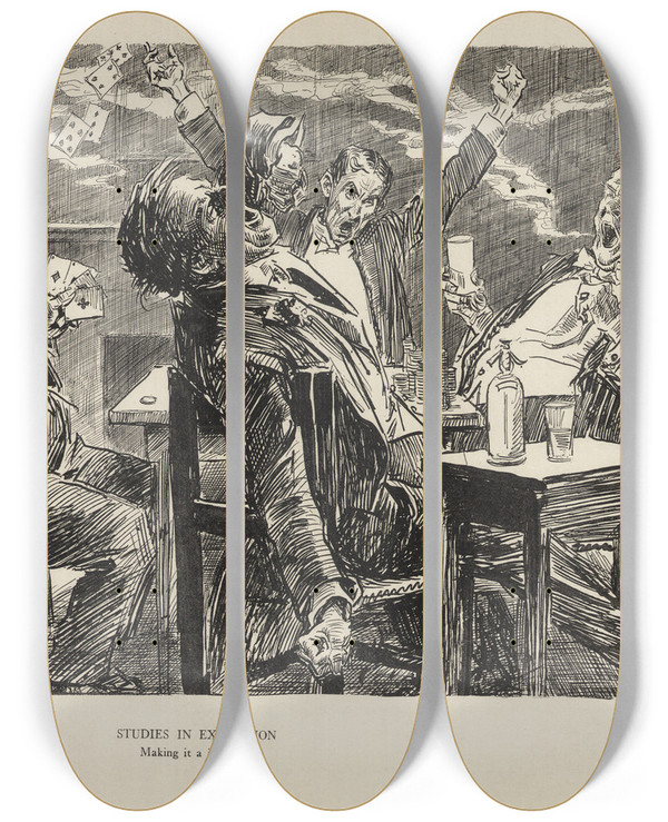 Triptych art skateboard deck of Charles Dana Gibson Studies In Expression Making It A Jackpot by Charles Dana Gibson (1867-1944)