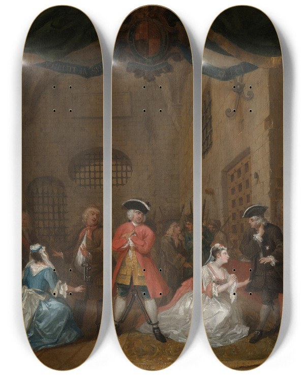 Triptych art skateboard deck of William Hogarth The Beggars Opera by William Hogarth (1697-1764)