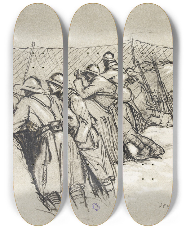 Triptych art skateboard deck of Georges Goursat Sem Observation Dans Les Tranches by Georges Goursat (Sem) (1863-1934)