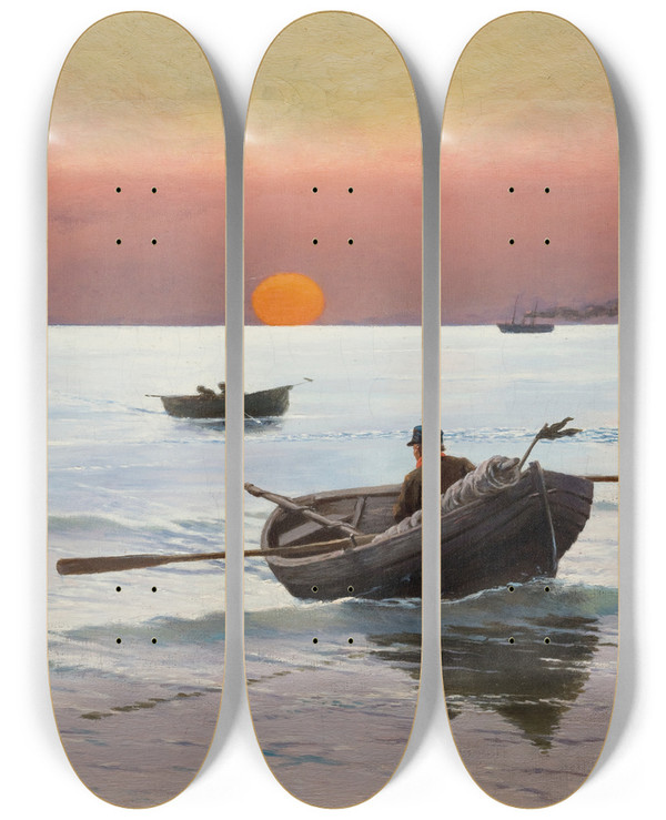Triptych art skateboard deck of Stanisaw Witkiewicz Sunset On The Sea by Stanislaw Witkiewicz (1851-1915)