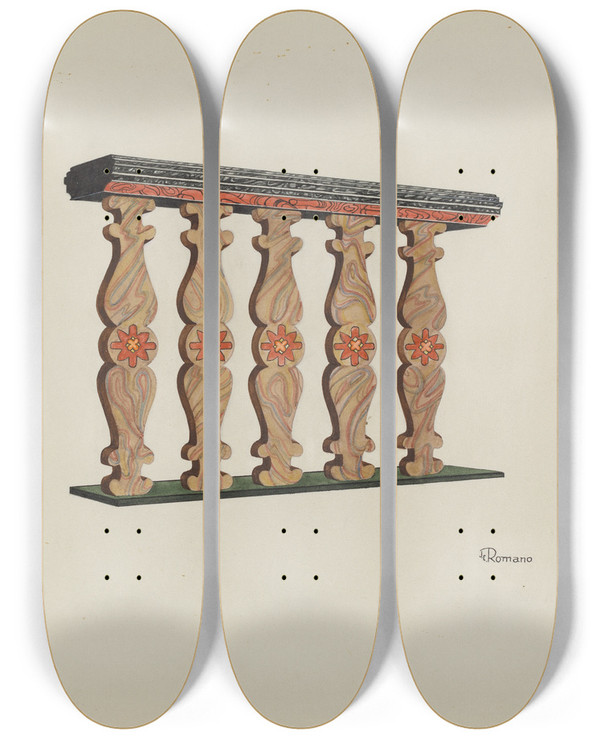 Triptych art skateboard deck of Josephine C Romano Choir Rail by Josephine C Romano