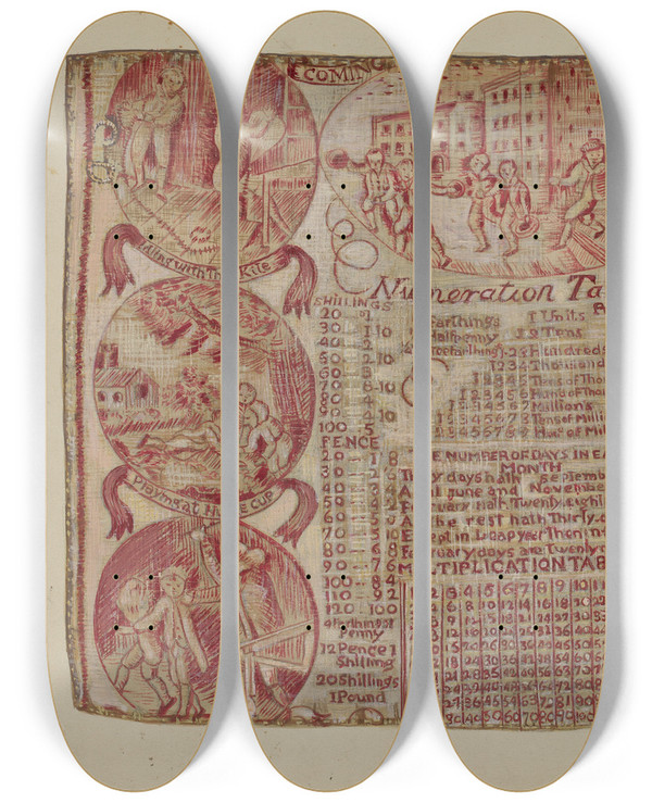 Triptych art skateboard deck of Marie Lutrell Cloth With Numeration Table by Marie Lutrell