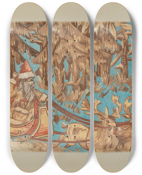 Triptych art skateboard deck of Pearl Gibbo Santa Claus Tapestry by Pearl Gibbo