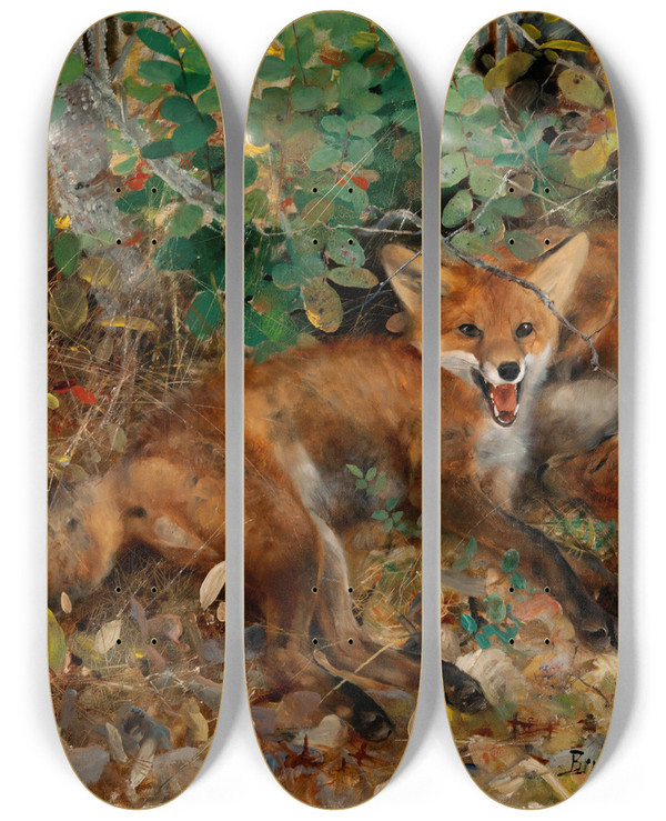 Triptych art skateboard deck of Bruno Liljefors Foxes by Bruno Liljefors (1860-1939)