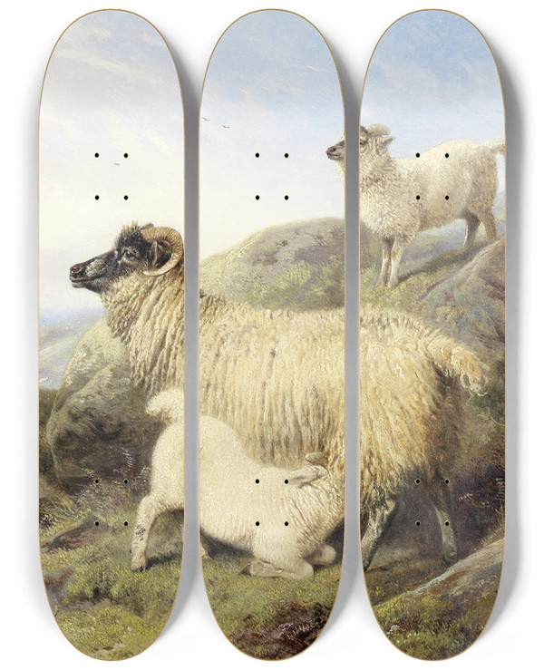 Triptych art skateboard deck of Richard Ansdell Sheep On A Mountainside by Richard Ansdell (1815-1885)