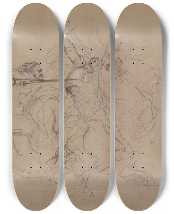 Triptych art skateboard deck of Victor Mller Cavalery Battle by Victor Muller (1829-1871)