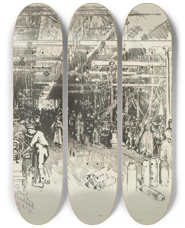 Triptych art skateboard deck of Joseph Pennell The Shell Factory by Joseph Pennell (1857-1926)