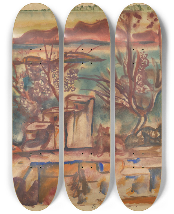 Triptych art skateboard deck of Frances Hodgkins Ibiza Balearic Islands by Frances Hodgkins (1869-1947)