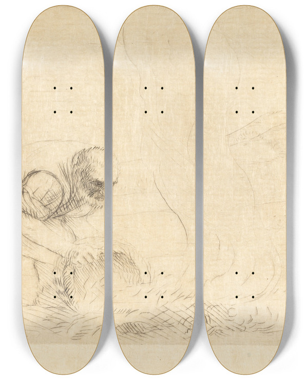 Triptych art skateboard deck of Alphonse Legros Burning Grass Le Bruleur Dherbes by Alphonse Legros (1837-1911)