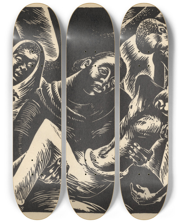 Triptych art skateboard deck of Marion Kronfeld Pieta by Marion Kronfeld (1912-2004)