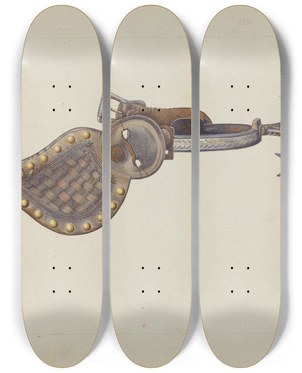 Triptych art skateboard deck of Bertha Semple Spur by Bertha Semple