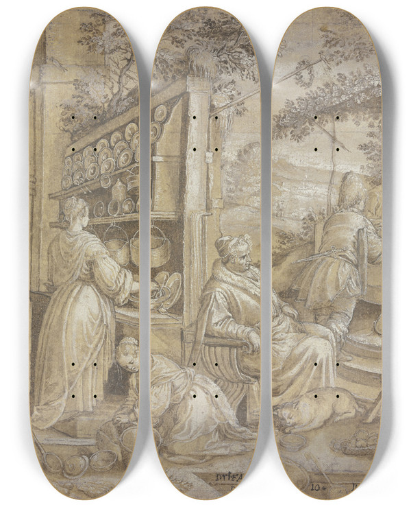 Triptych art skateboard deck of Raphael Sadeler The Elder Christ In Emmaus by Raphael Sadeler The Elder