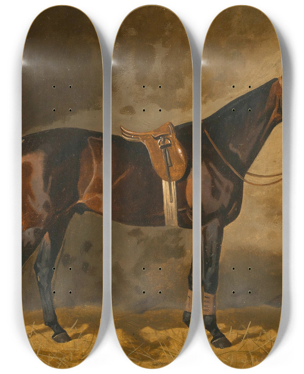 Triptych art skateboard deck of Emil Volkers A Bay Horse In A Stable_2 by Emil Volkers (1831-1905)
