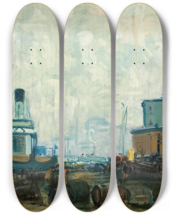 Triptych art skateboard deck of Arthur Clifton Goodwin Dock Scene Boston by Arthur Clifton Goodwin (1864-1929)