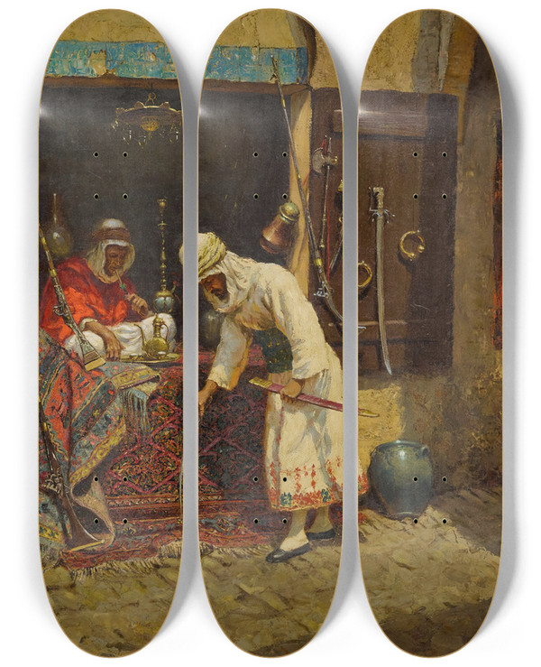 Triptych art skateboard deck of Addison Thomas Millar Inspecting The Sword by Addison Thomas Millar (1860-1913)