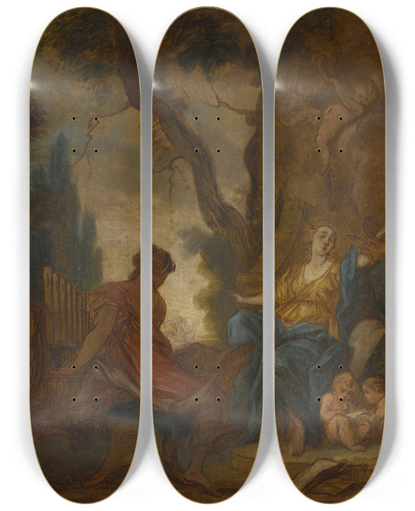 Triptych art skateboard deck of Nicolas Bertin Apollo And The Muses by Nicolas Bertin (1668-1736)