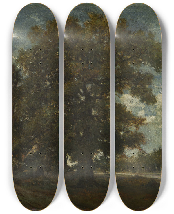 Triptych art skateboard deck of Thodore Rousseau The Oak Tree by Theodore Rousseau (1812-1867)