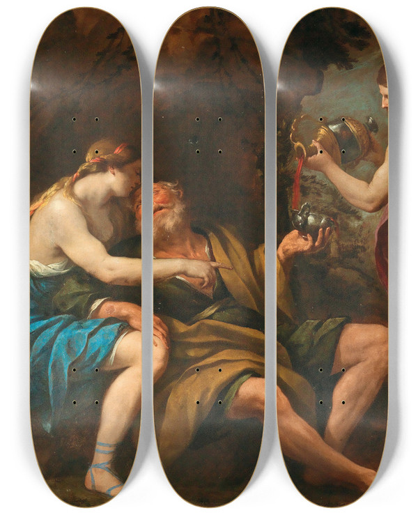 Triptych art skateboard deck of Andrea Vaccaro Lot And His Daughters by Andrea Vaccaro (1604-1670)