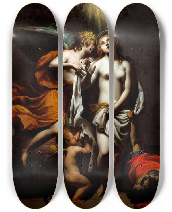 Triptych art skateboard deck of Alessandro Turchi Saint Agnes Protected By An Angel by Alessandro Turchi (1578-1649)