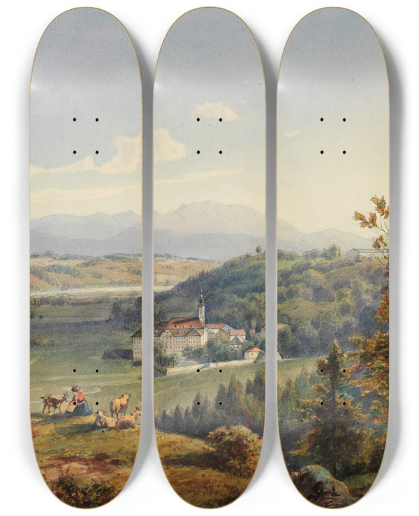 Triptych art skateboard deck of Alois Flad Ansicht Von Kloster Schftlarn by Alois Flad (1812-1890)