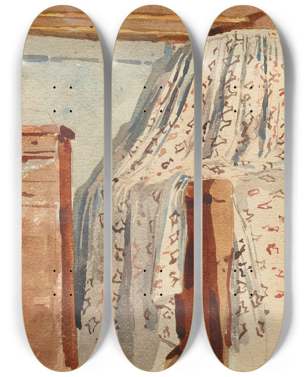 Triptych art skateboard deck of Albert Anker Schlafzimmer Interieur by Albert Anker (1831-1910)