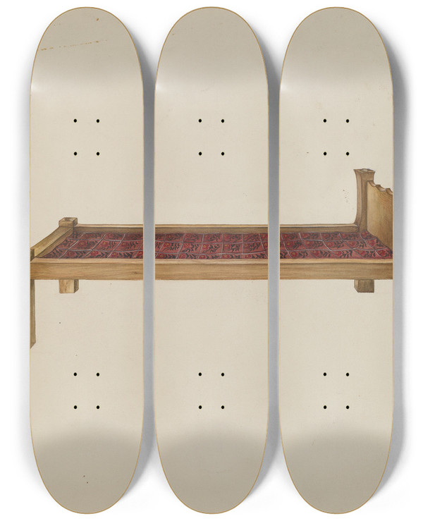 Triptych art skateboard deck of Vera Van Voris Sewing Settee by Vera Van Voris
