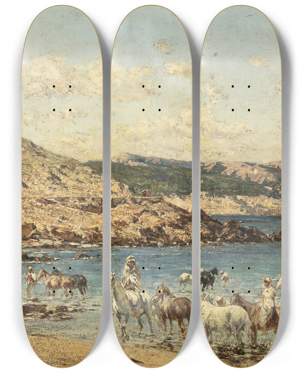 Triptych art skateboard deck of Victor Huguet Horses Drinking by Victor Huguet (1835-1902)