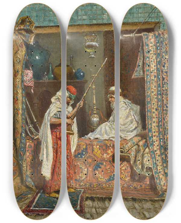 Triptych art skateboard deck of Addison Thomas Millar An Eastern Shop by Addison Thomas Millar (1860-1913)