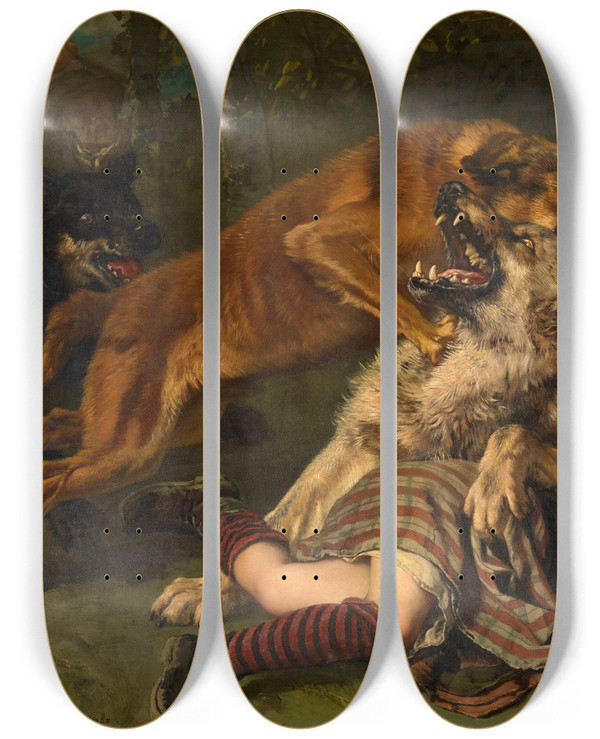 Triptych art skateboard deck of Charles Verlat Help In Time by Charles Verlat (1824-1890)