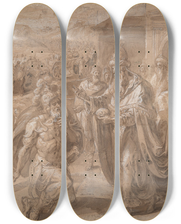Triptych art skateboard deck of Crispijn Van Den Broeck Abraham Andmelchizedek by Crispijn Van Den Broeck (1523-1591)