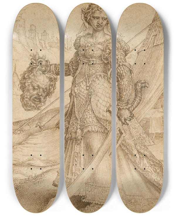 Triptych art skateboard deck of Maarten Van Heemskerck Judith by Maarten Van Heemskerck (1498-1574)