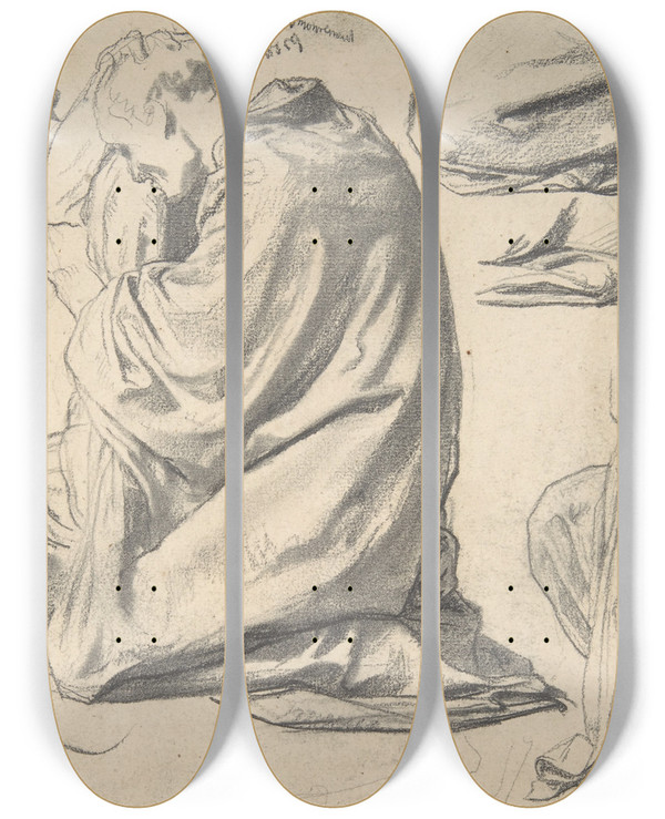 Triptych art skateboard deck of Henri Lehmann Kneeling Draped Male Figure Facing Left by Henri Lehmann (1814-1882)
