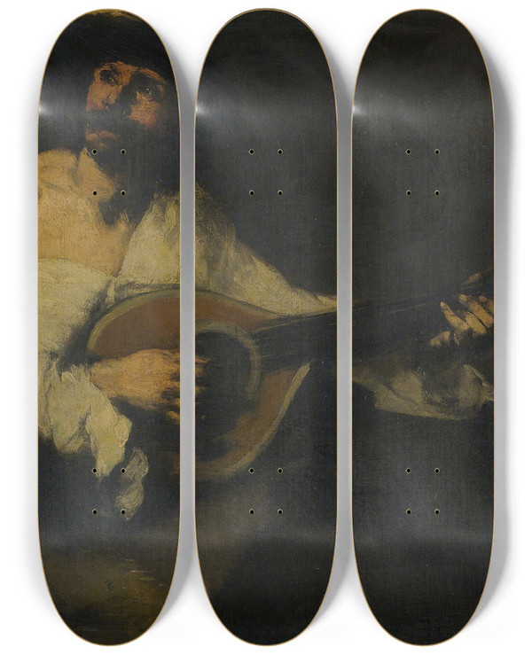 Triptych art skateboard deck of Thodule Ribot The Mandolin Player by Theodule Ribot (1823-1891)