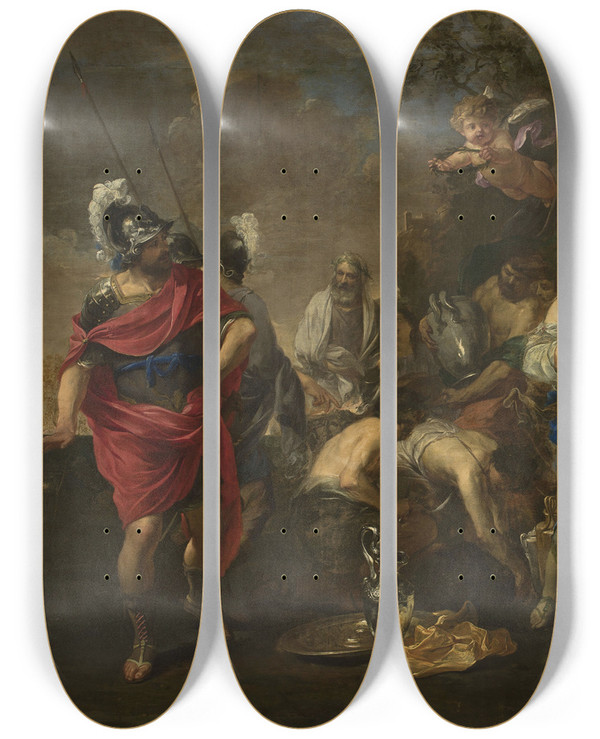 Triptych art skateboard deck of Charles Alphonse Du Fresnoy Aeneas And Dido by Charles Alphonse Du Fresnoy (1611-1668)