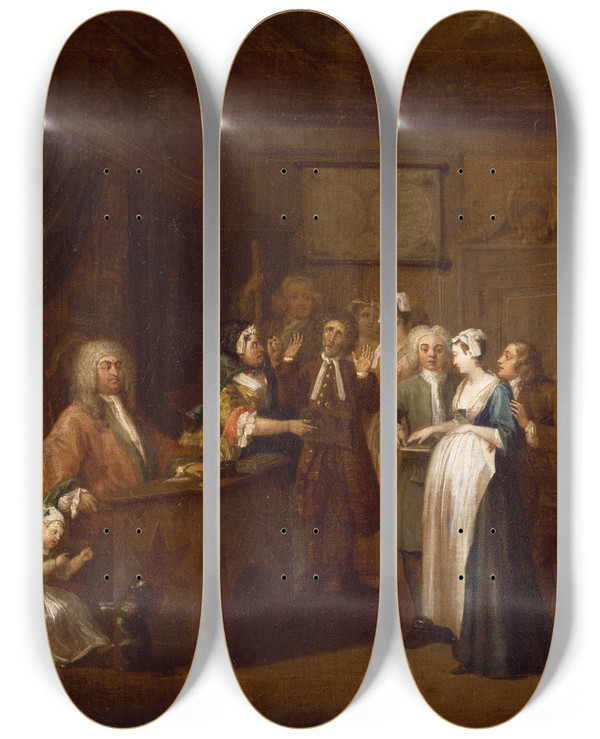 Triptych art skateboard deck of William Hogarth The Denunciation by William Hogarth (1697-1764)