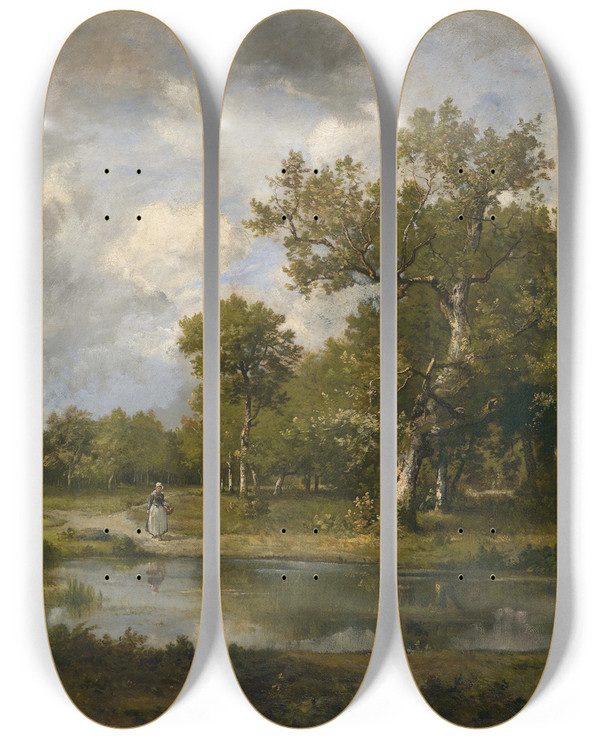 Triptych art skateboard deck of Leon Richet Bachlandschaft Mit Wanderin by Leon Richet (1847-1902)