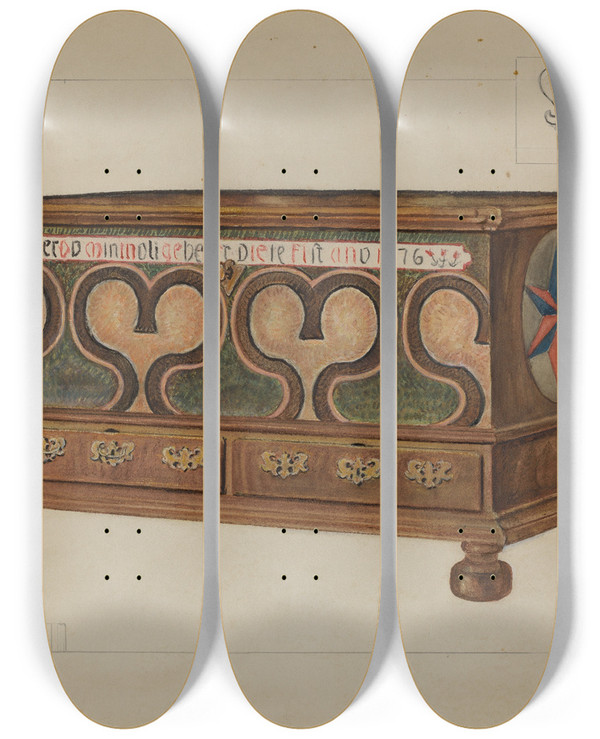 Triptych art skateboard deck of Edgar L Pearce Pa German Chest by Edgar L Pearce