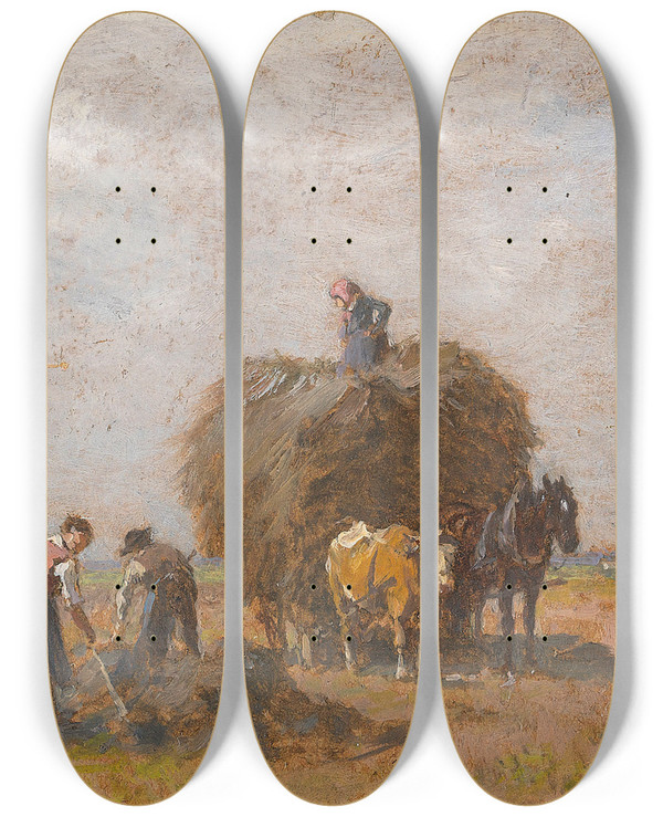 Triptych art skateboard deck of Robert Schleich Heuernte by Robert Schleich (1845-1934)